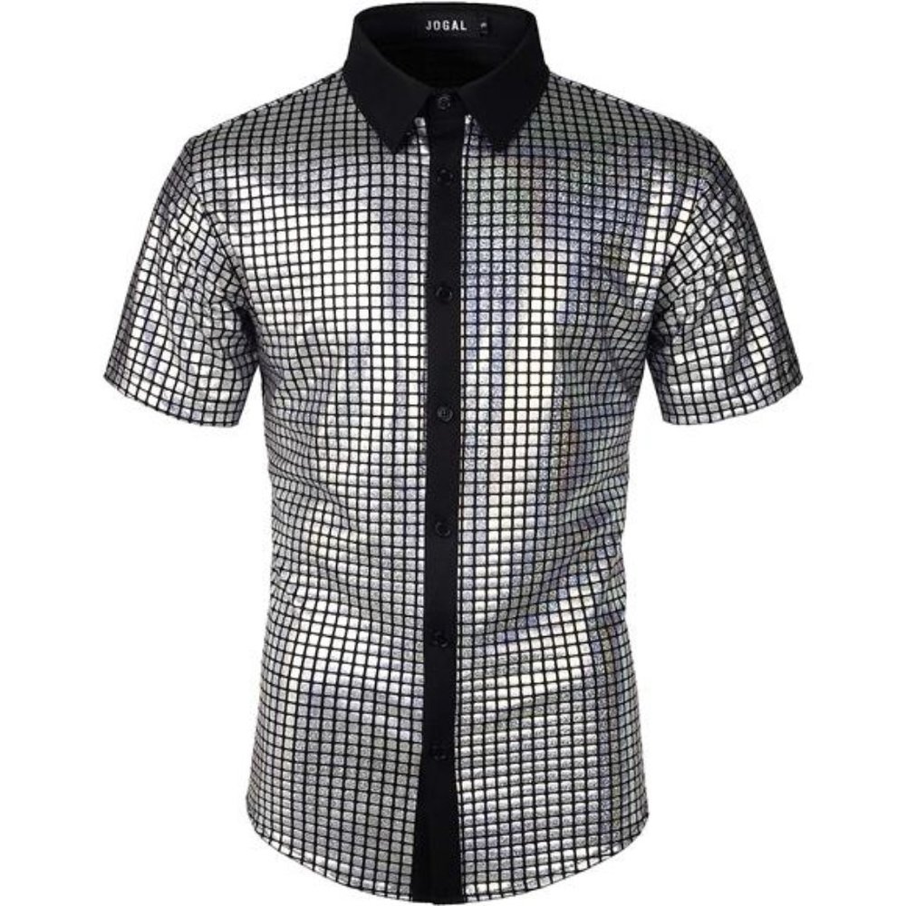 Mens 70s Disco Costume Silver Sequins Short Sleeve Button Down Shirts, Silver